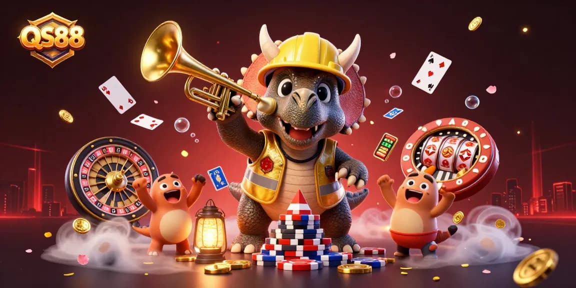 Experience excitement at QS88 with a dynamic scene of cartoon dinosaurs celebrating around casino elements.