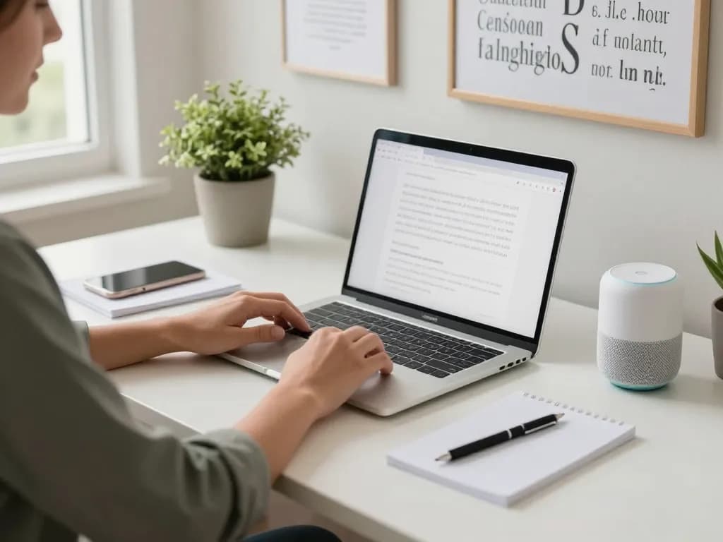 Productive workspace with tech gadgets for productivity, including a laptop, wireless keyboard, and smart speaker.