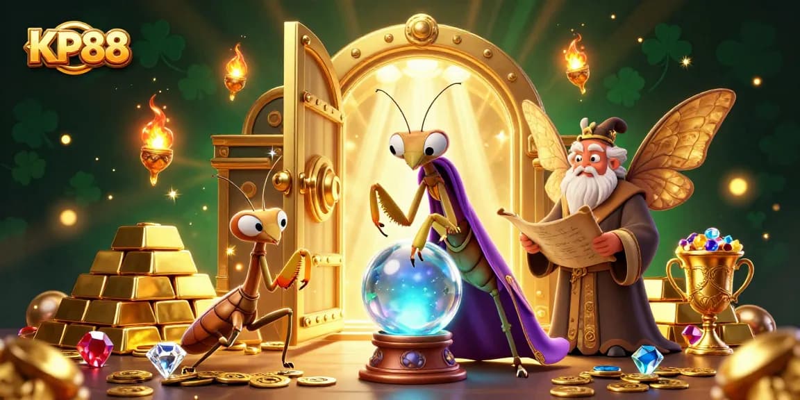 Experience KP88 magic with a fortune teller peering into a crystal ball, surrounded by treasures and gleaming gems.