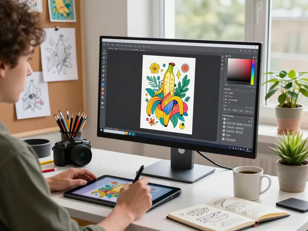 Artist using nano banana ai in a vibrant digital workspace, creating innovative visuals with AI.