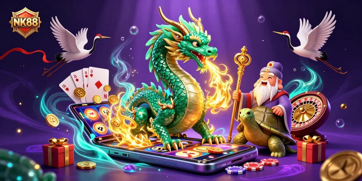 Engage with the thrilling energy of NK88 in a vibrant 3D casino illustrated scene with mythical elements.