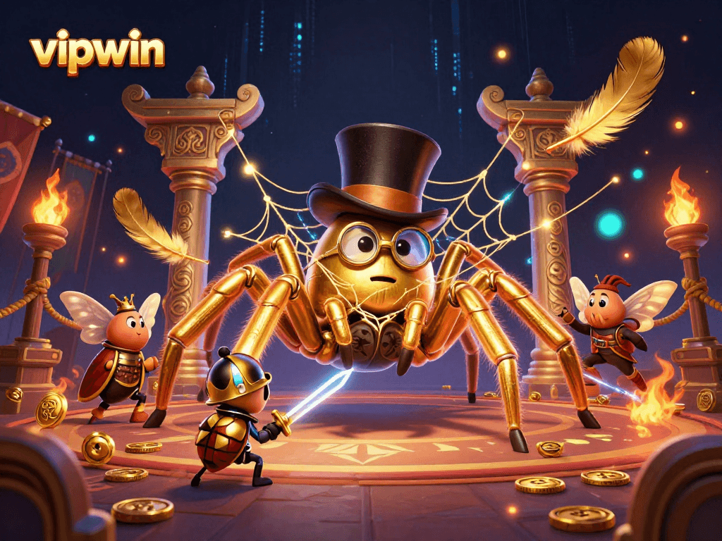 Engage in vipwin excitement with the vibrant 3D scene of a golden tarantula and beetle knight in a casino.