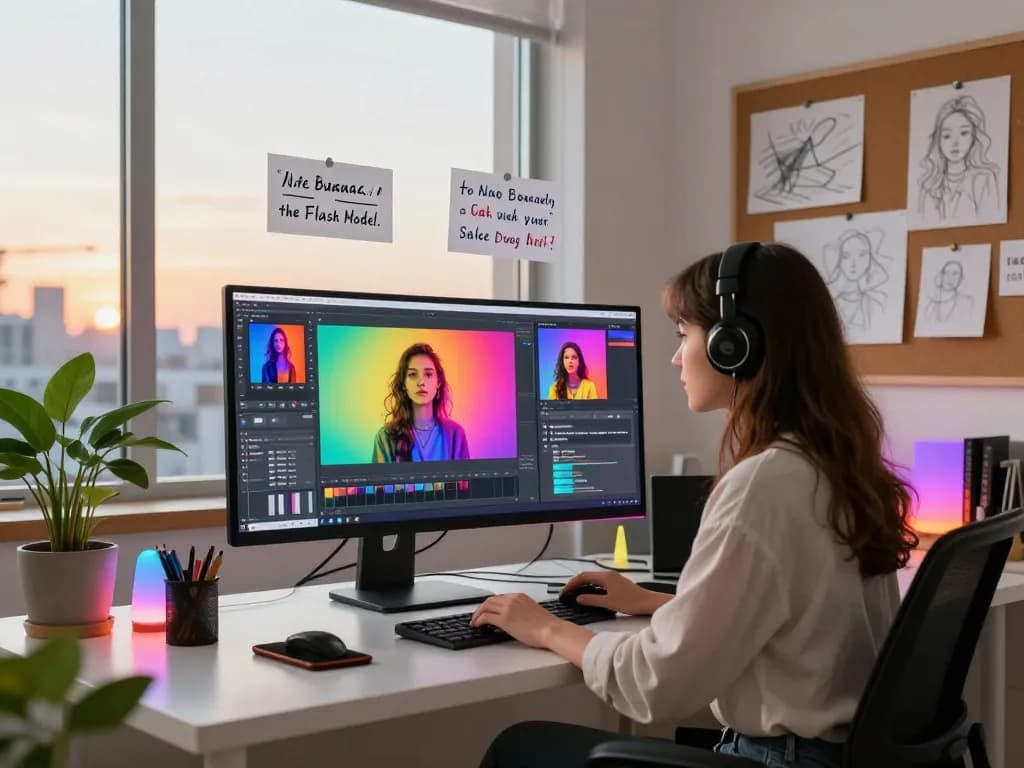 AI image editing in action with nano banana flash features on vibrant screens in a creative workspace