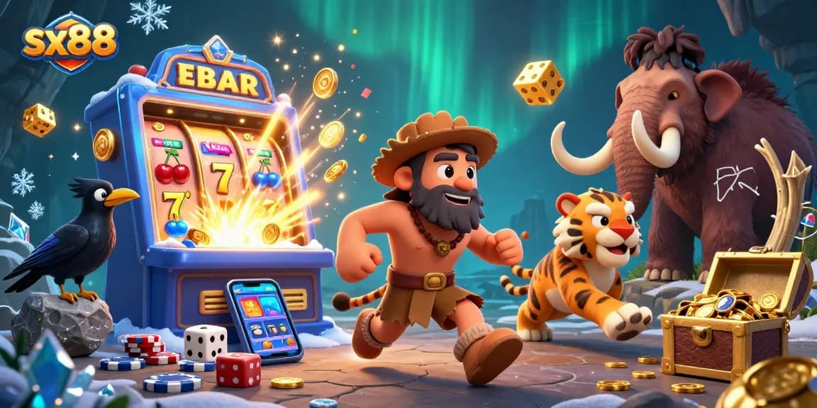 Experience thrilling gaming at sx88 with vibrant characters and dynamic casino elements in a prehistoric world.