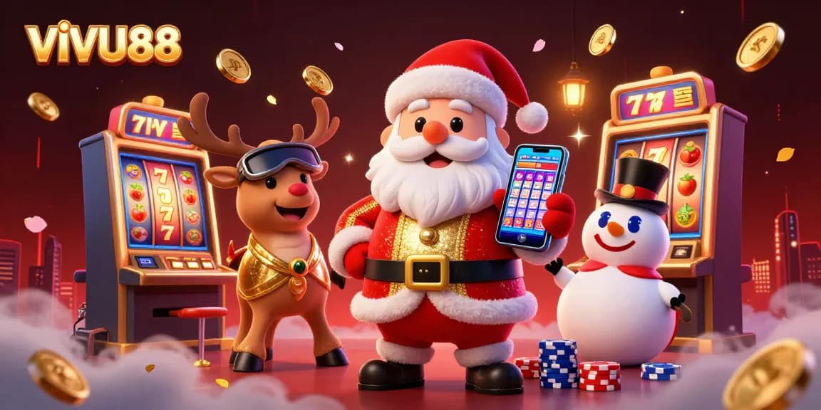 Experience thrilling slots at VIVU88 with Santa, his reindeer, and a poker chip snowman!