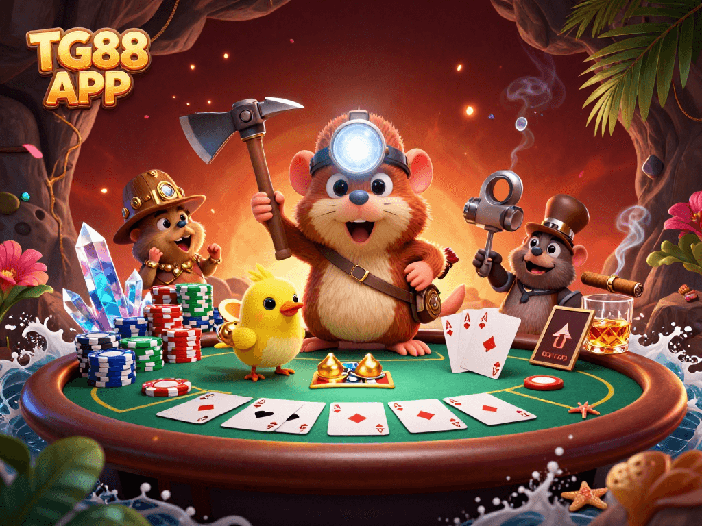 Experience thrilling gameplay with the TG88 APP featuring treasure hunter mole and poker elements.