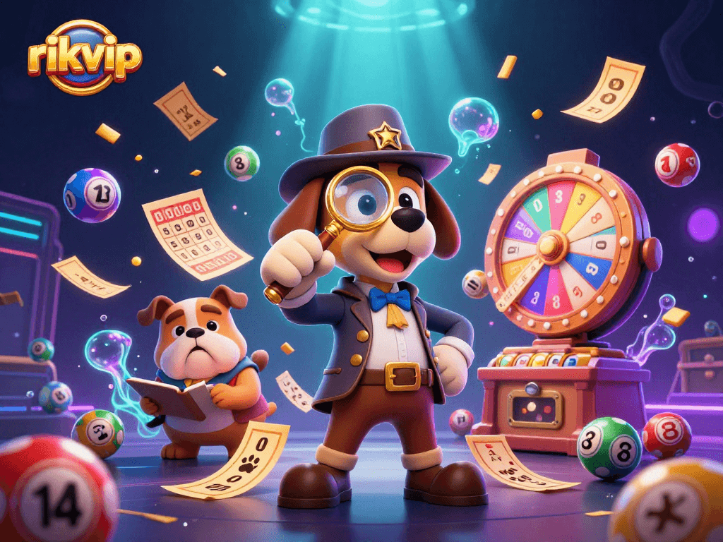 Win jackpots with rikvip, featuring a detective and dog uncovering bingo and lottery treasures.