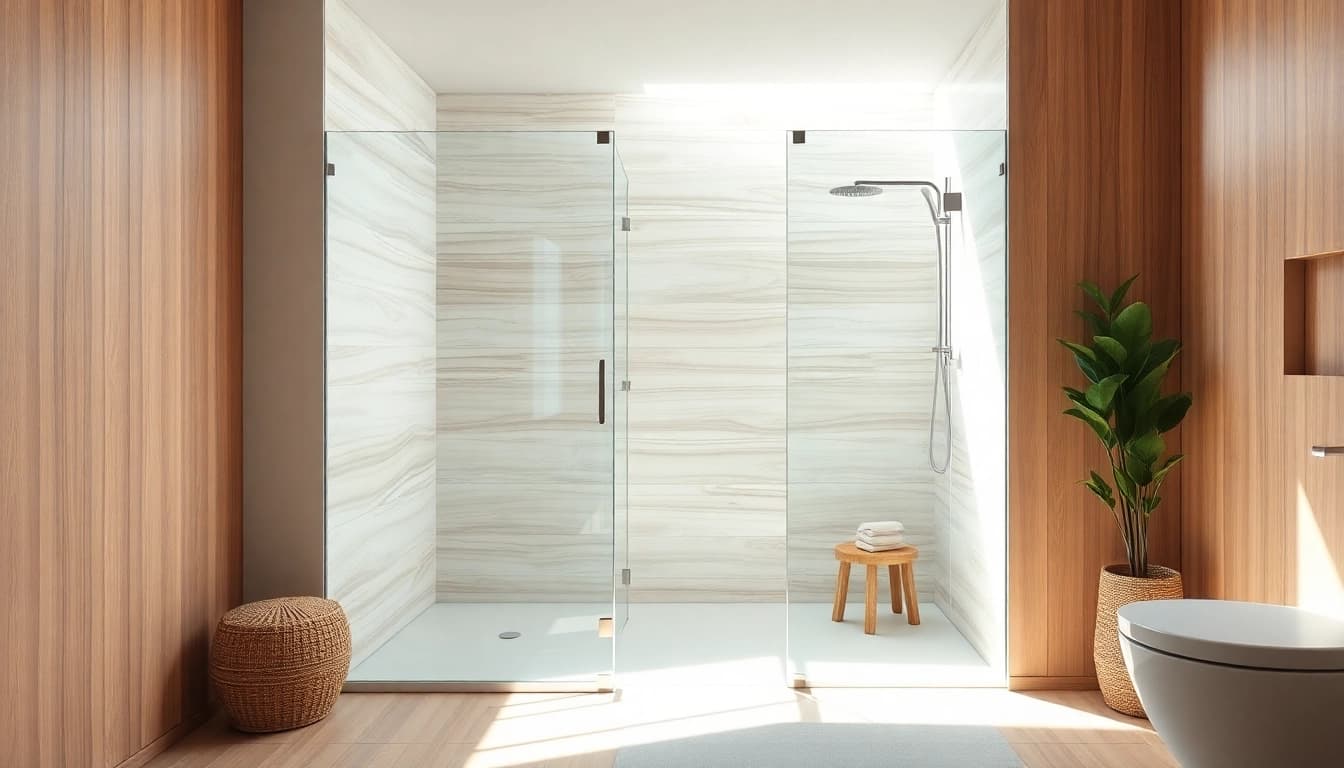 Show shower screens for walk in showers enhancing a modern wet room decor.