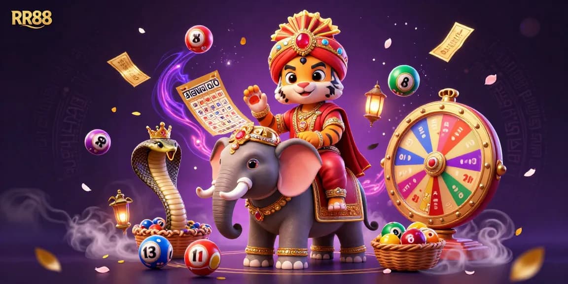 Engage with RR88's vibrant casino experience featuring a maharaja tiger, elephant, and stunning lottery elements.