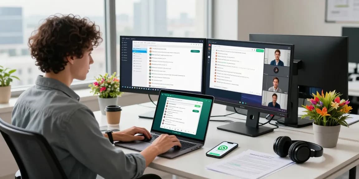 Modern workspace with WhatsApp電腦版 on laptop, showcasing productivity and connectivity.