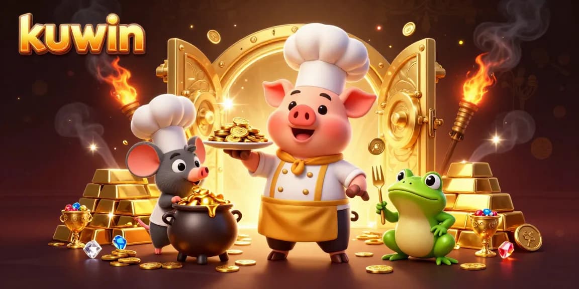kuwin combines fun elements of a gold-themed casino with a chef pig serving coins and a frog critic.