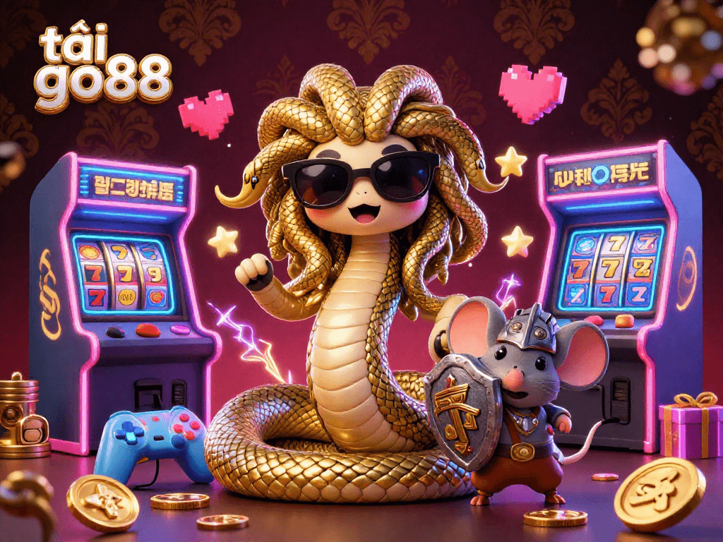 Win big with tải go88 in this vibrant 3D gaming illustration featuring Medusa and arcade elements.
