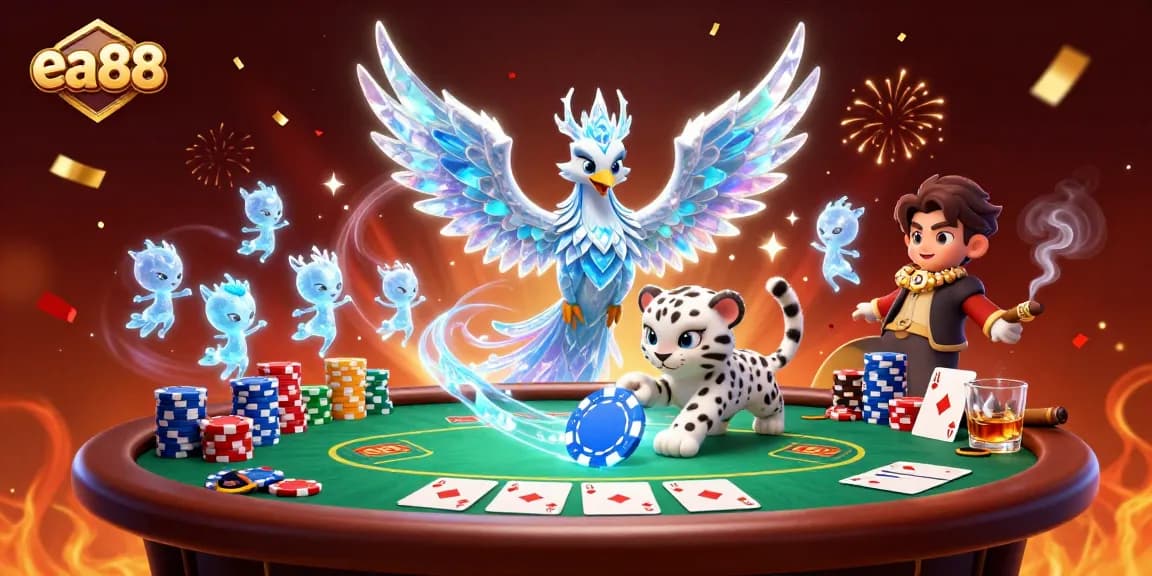 Play poker with innovative ea88 themes featuring an ice phoenix, poker chips, and vibrant energy.