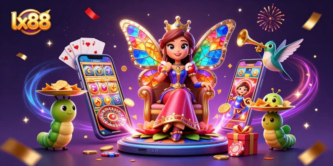 Experience exciting gaming at lx88 with dynamic visuals of a vibrant casino scene filled with colorful games and characters.