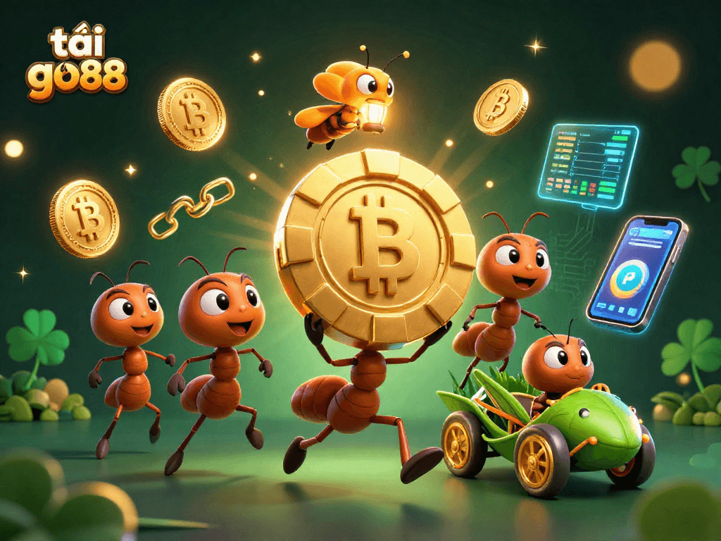 Spin to win with tải go88: vibrant ants heist scene filled with neon crypto coins.