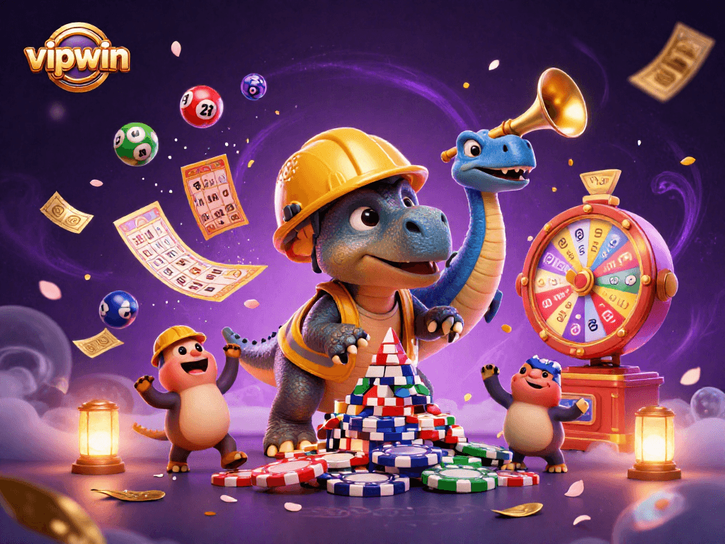 Experience the excitement of vipwin with a vibrant scene of animated characters celebrating in a casino.
