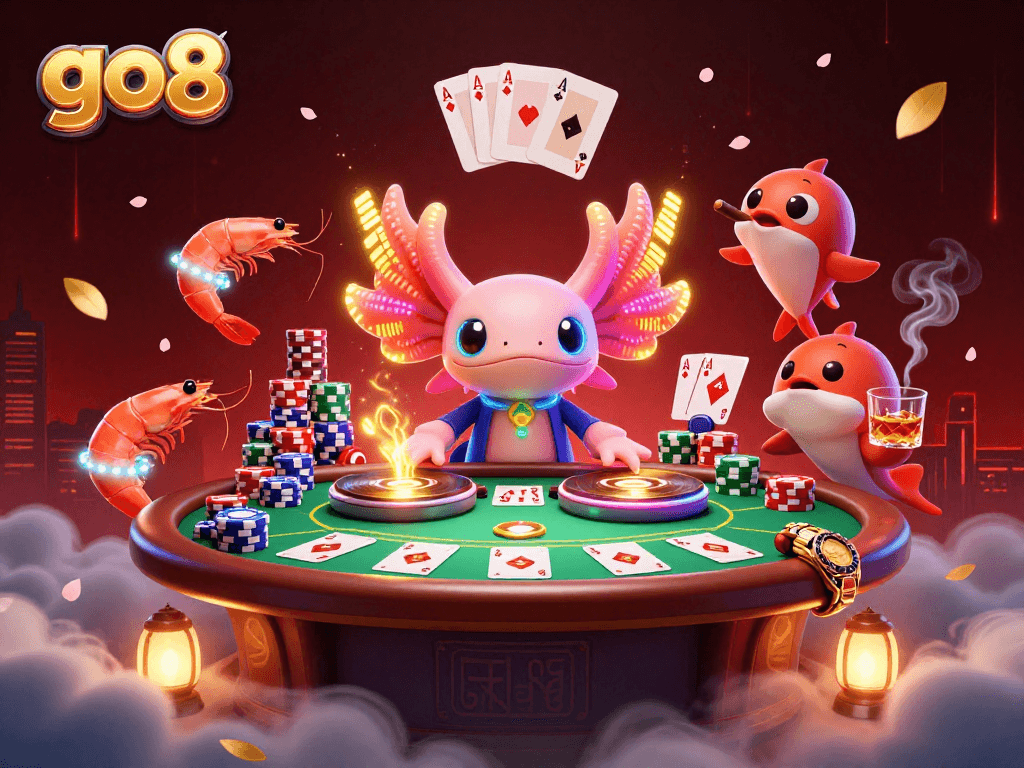 go8 players enjoy vibrant casino atmosphere with an axolotl DJ and shrimp dancers