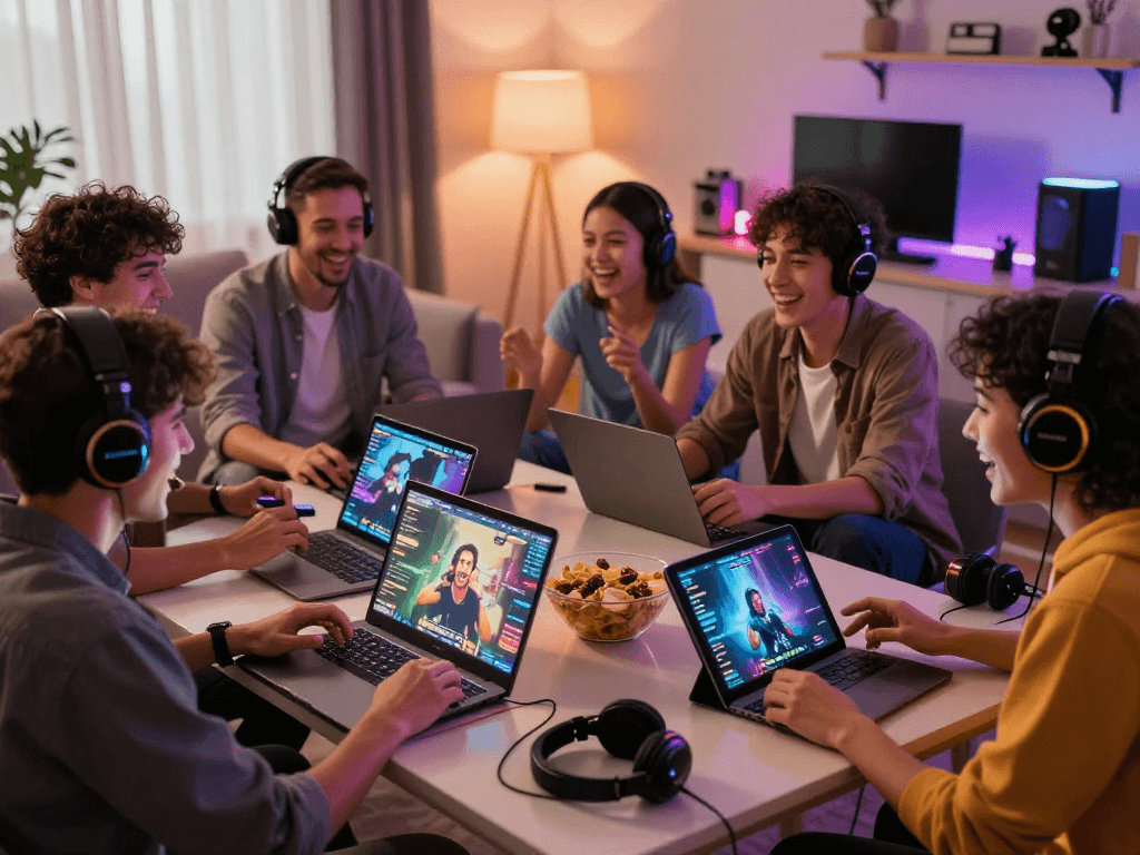Friends enjoying engaging porn games together in a cozy living room.