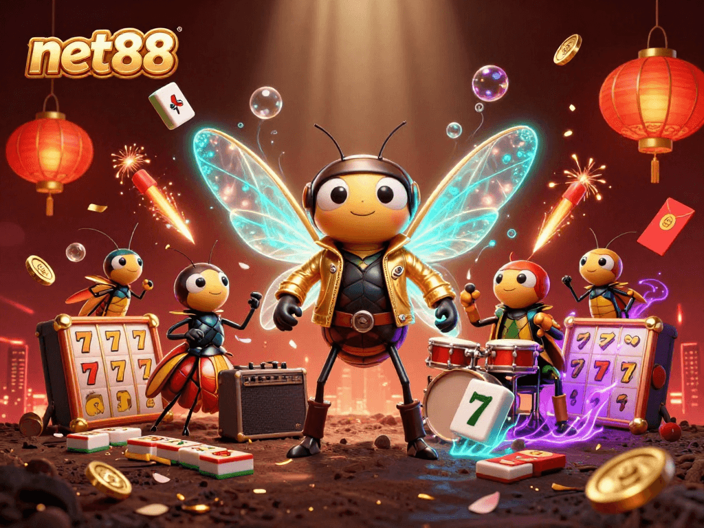 Experience the vibrant net88 casino world through a 3D illustration featuring a cicada rock star and slot reels.