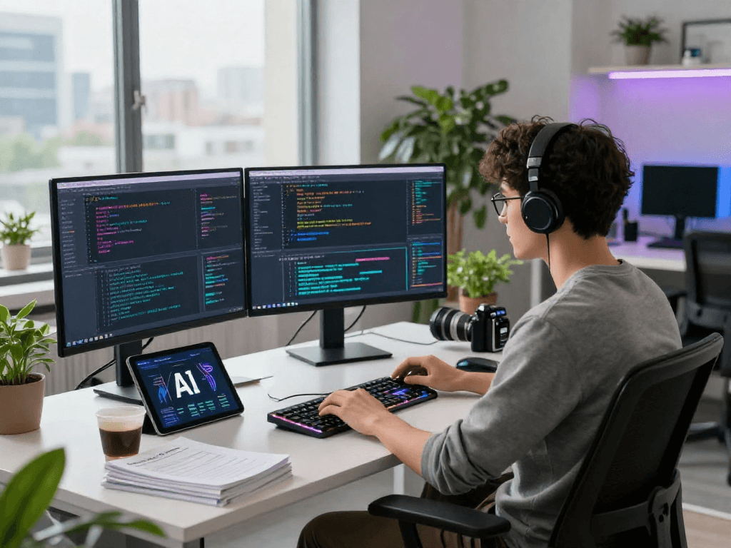 Programmer developing innovative 18+ ai applications in a sleek tech workspace.