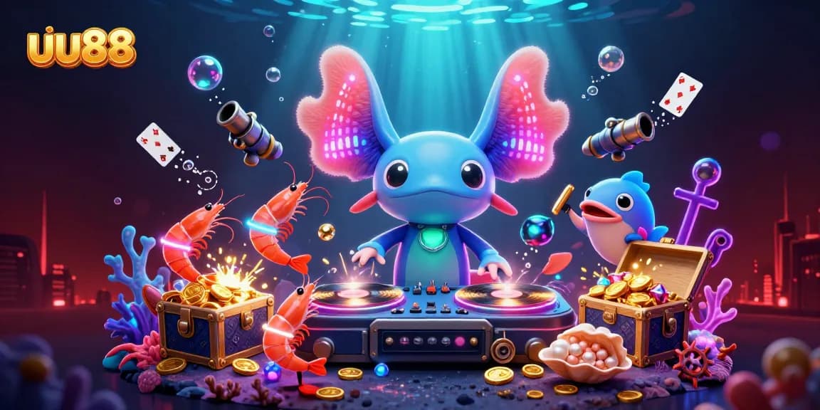 Experience the vibrant underwater world with uu88 featuring a DJ axolotl and exciting casino elements.