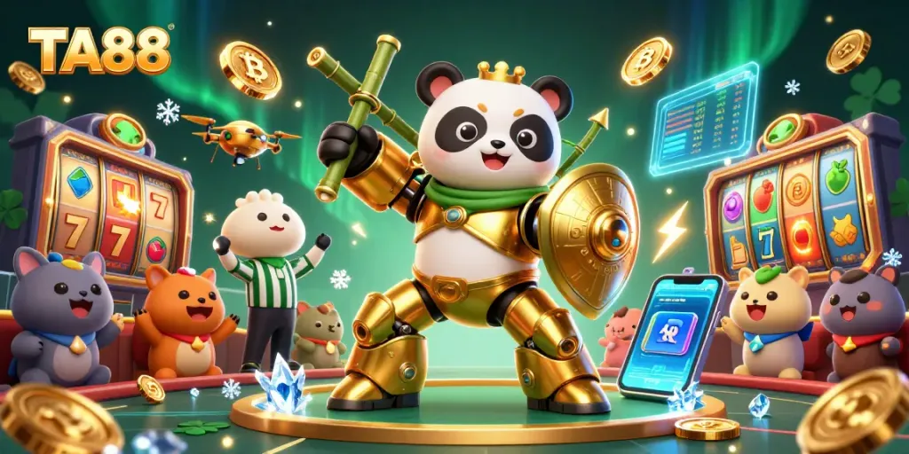 TA88 showcases a dash for a jackpot with a panda in a mech-suit at an electrifying casino.