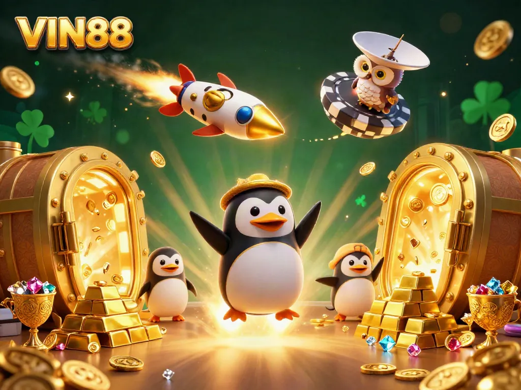 Play exciting games with VIN88, where a golden penguin blasts through space towards amazing casino rewards.