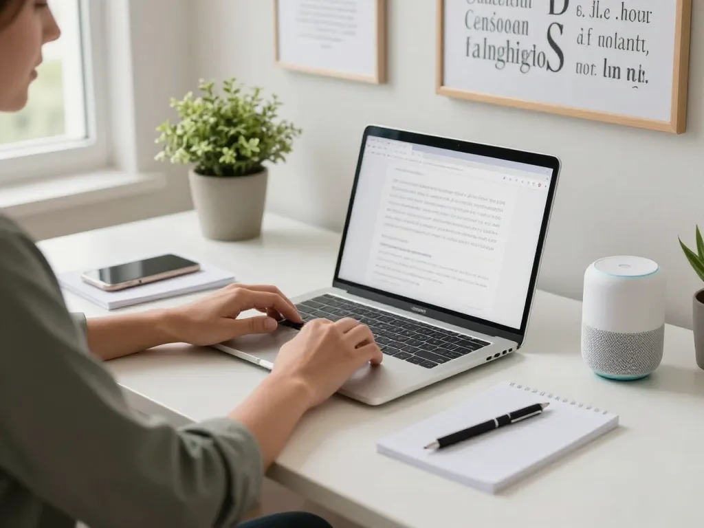 Productive workspace with tech gadgets for productivity, including a laptop, wireless keyboard, and smart speaker.
