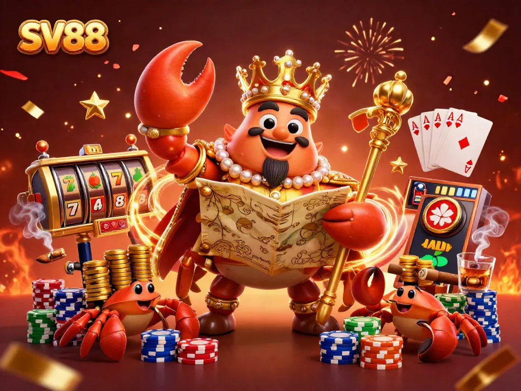 SV88 represents an exciting casino experience featuring a golden crab emperor and dynamic gaming elements.