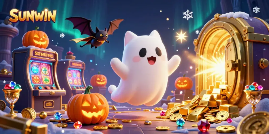 Engaging SUNWIN scene with a ghost cat, vampire bat, and glimmering treasures in a vibrant casino setting.