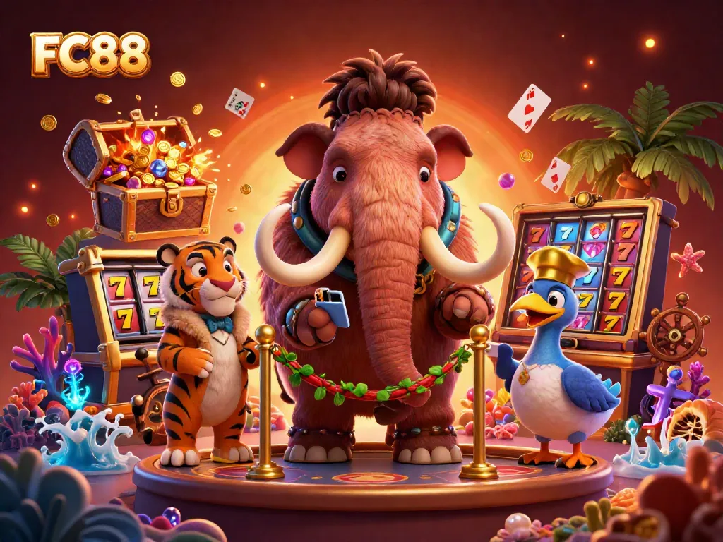 FC88 casino bouncer guarding with vibrant slot elements in a lively casino scene