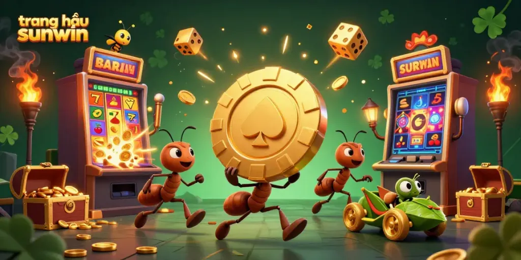 Experience the excitement of trang chủ sunwin with a cartoon representation of ants in a heist featuring casino elements.