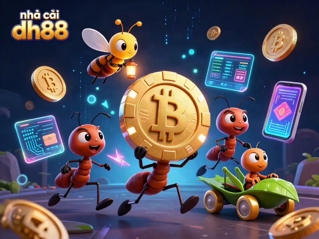 Engaging dynamic scene showcasing nhà cái dh88 with ants stealing a giant poker chip amidst crypto elements.