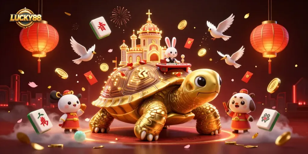Experience excitement at LUCKY88 with a vibrant casino-themed 3D illustration, filled with dynamic elements.
