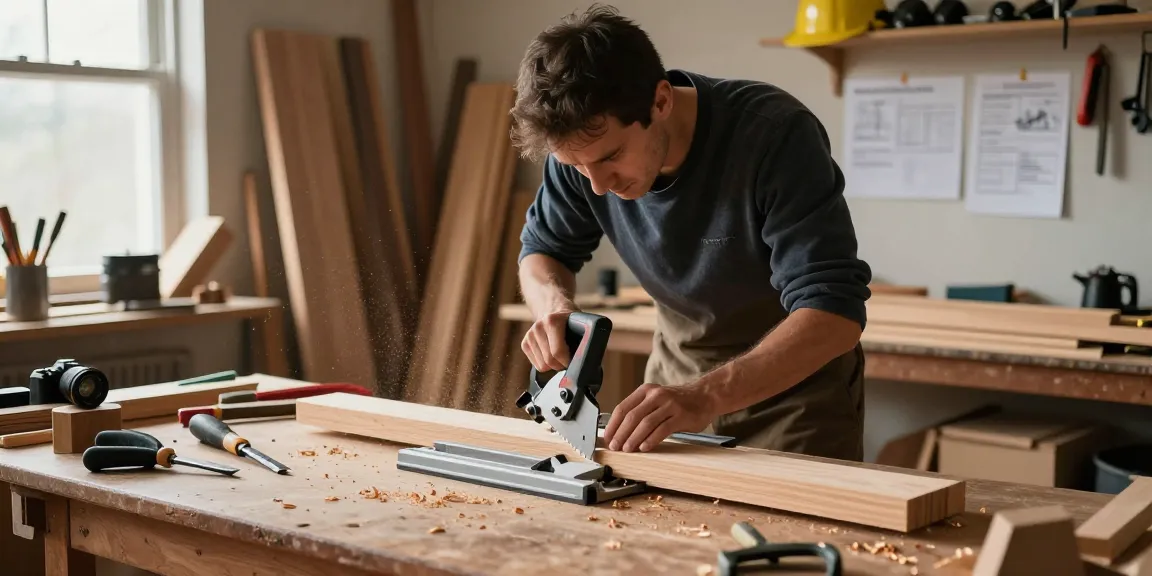 Craftsman using a hand mitre saw on wooden frame in a warm workshop setting.