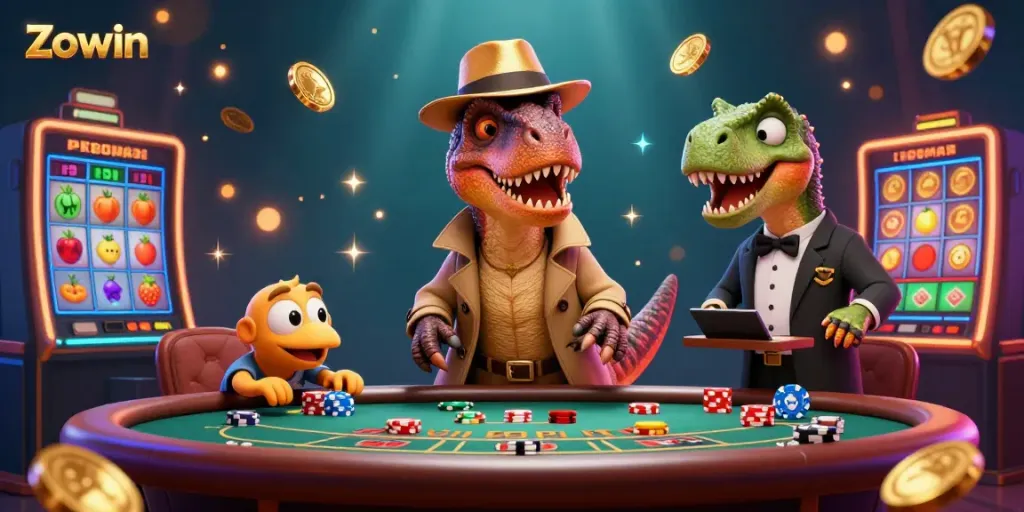 Zowin showcases a playful scene with a velociraptor card counter at a blackjack table, depicting fun casino gaming.