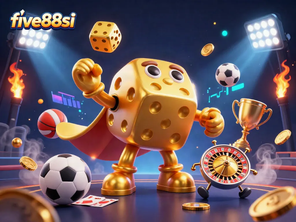 Engage in the action with five88si as the golden dice golem juggles in the vibrant casino scene.