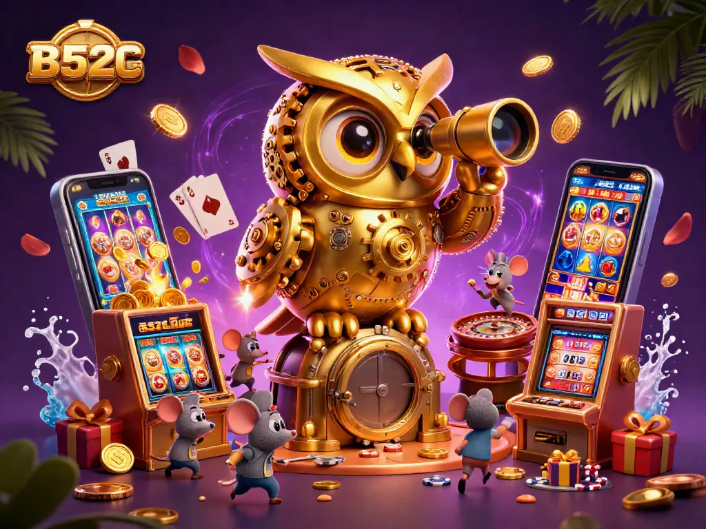 B52CLUB showcases a vibrant casino scene featuring an animated golden owl and playful mice between slot machines.