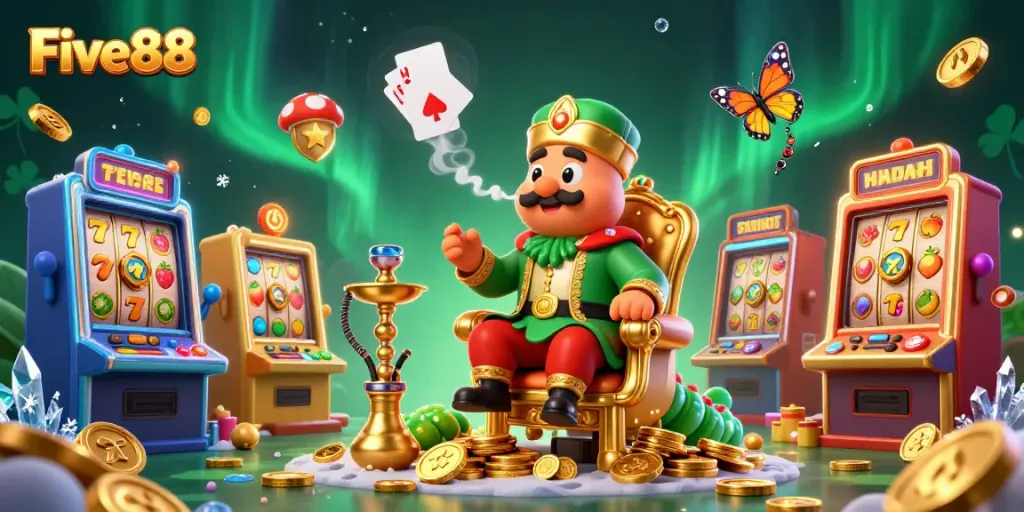 Experience Five88's vibrant casino atmosphere with a whimsical caterpillar master and lively slot games.