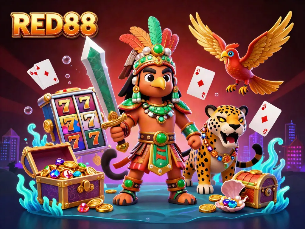 Experience winning at RED88 with a vibrant showdown of fortune featuring dynamic slot reels and energetic characters.