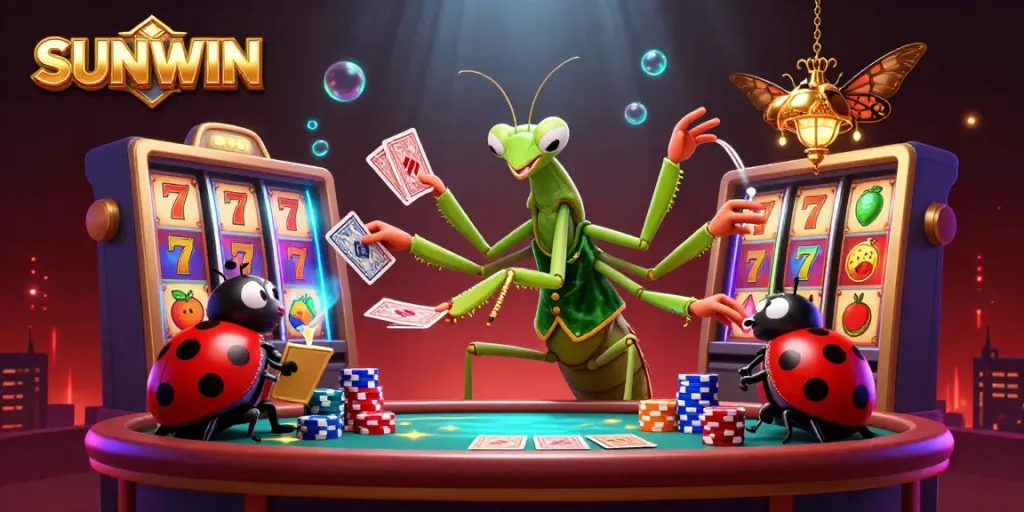 SUNWIN casino scene with a giant praying mantis dealing cards and a ladybug pit boss overseeing vibrant slot game elements.