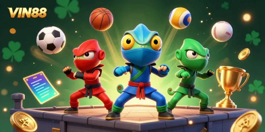 Experience the excitement at VIN88 with a vibrant 3D illustration showcasing chameleon ninjas and gold coin action.