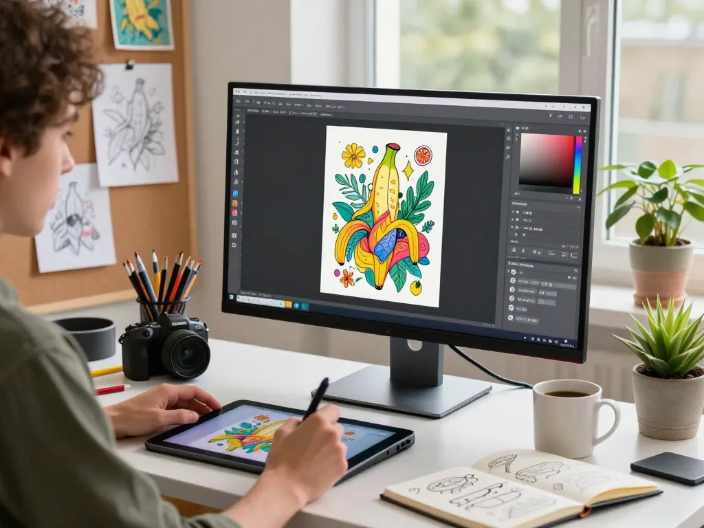 Artist using nano banana ai in a vibrant digital workspace, creating innovative visuals with AI.