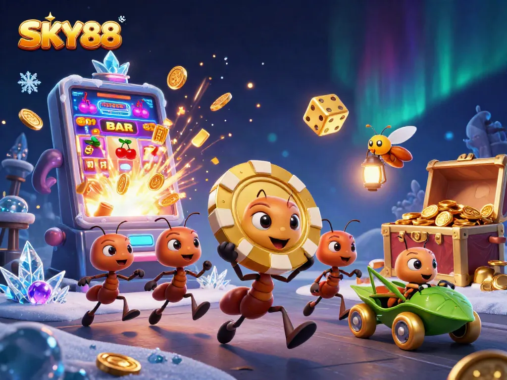 Embark on a thrilling SKY88 casino adventure with ants stealing a giant poker chip in an exciting heist.
