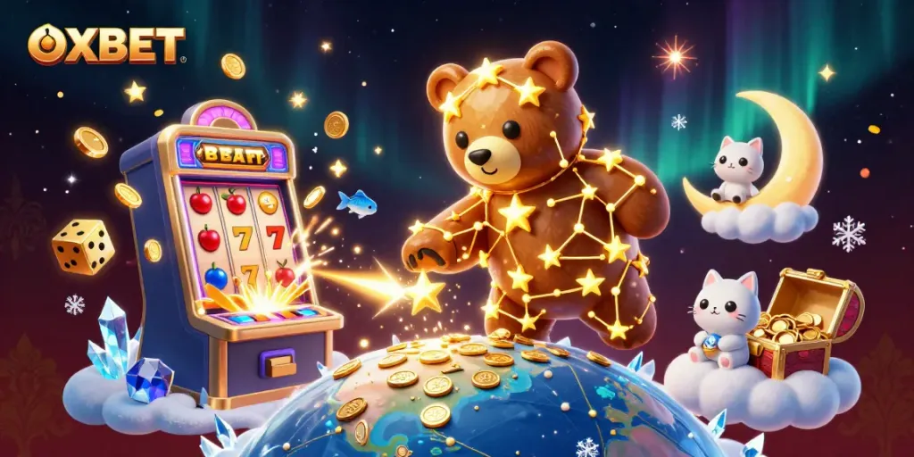 Join OXBET's galaxy of games with a golden bear scooping jackpots and moonlit fun.