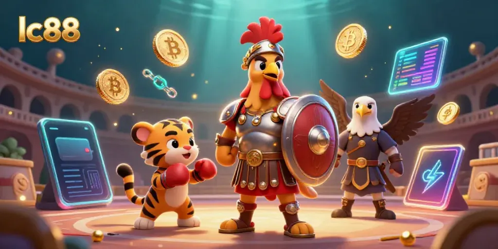 Experience the excitement of lc88 with a victorious rooster and tiger in a vivid casino scene.
