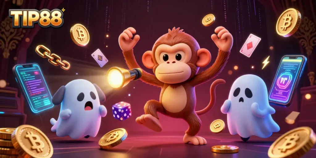Engage in casino excitement with TIP88 as golden coins and games fill the vibrant scene.