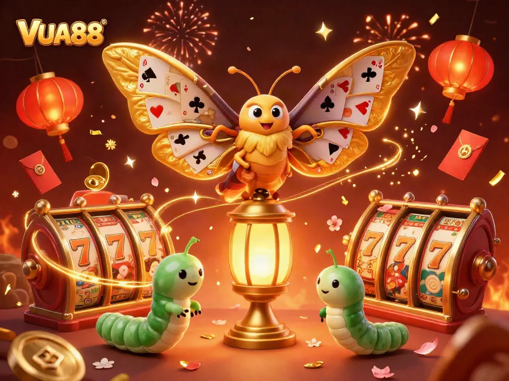 Experience VUA88's thrilling action in a vibrant 3D casino scene filled with lucky symbols and festive elements.