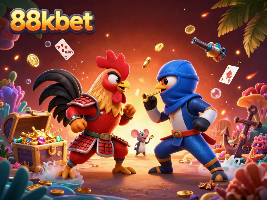Join the excitement at 88kbet with thrilling rooster battles amidst treasures and dynamic gameplay.