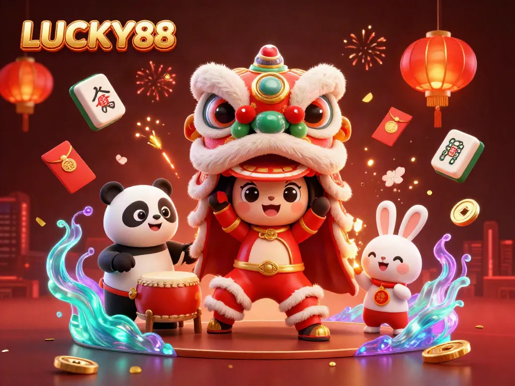 Experience LUCKY88 with a festive 3D illustration featuring a vibrant lion dance and playful characters, enriched with casino-themed elements.
